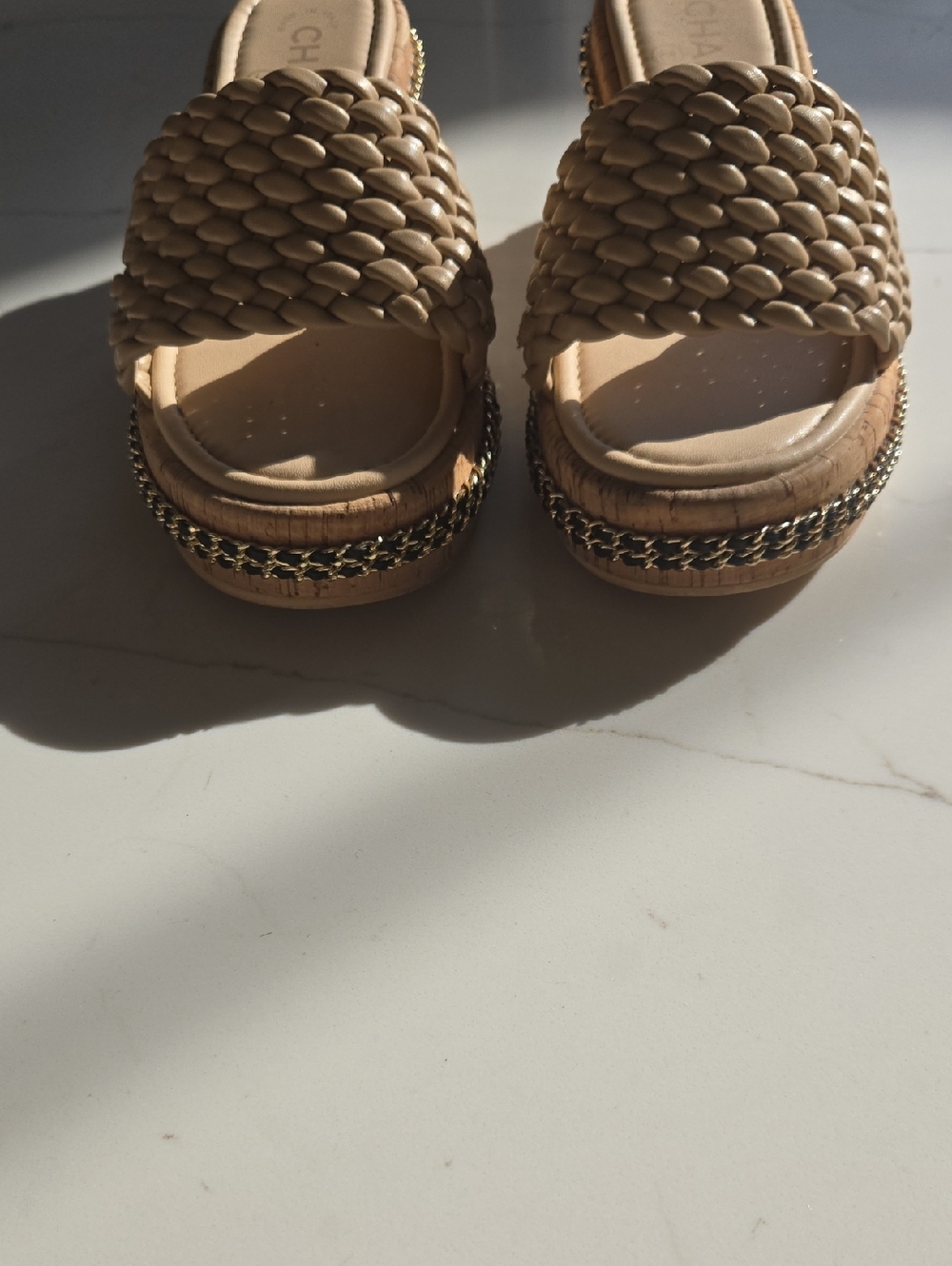 Source Unknown Beige Braided Woven Slide Mules with Chain Trim